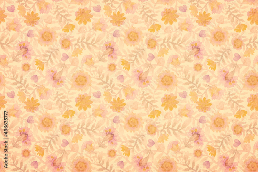 Grunge retro background with watercolor floral ornament. Raster illustration for postcard design, packaging, wrapping or scrapbooking.