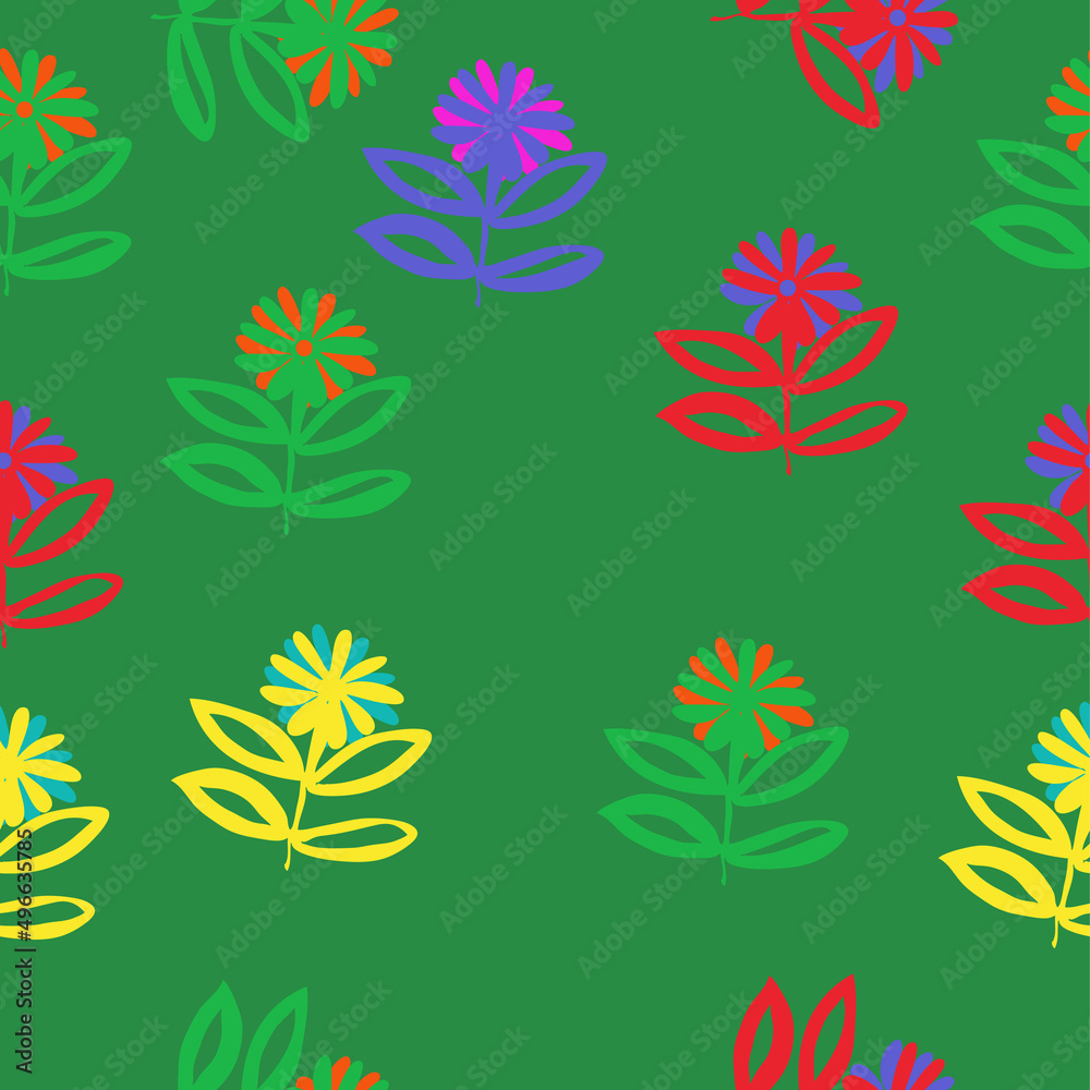 Seamless stylized colored branches, leaves, flowers. Hand drawn.