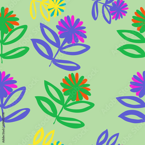 Seamless stylized colored branches  leaves  flowers. Hand drawn.