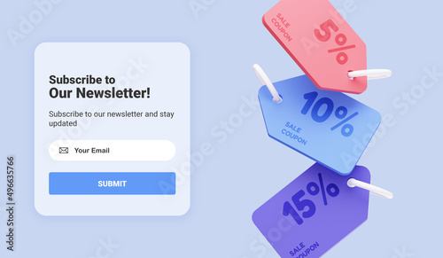 Subscribe to newsletter and get a discount code coupons for your purchases. Email business marketing concept. Subscription to news and promotions. Registration form. Web button mockup. 3D Rendering photo