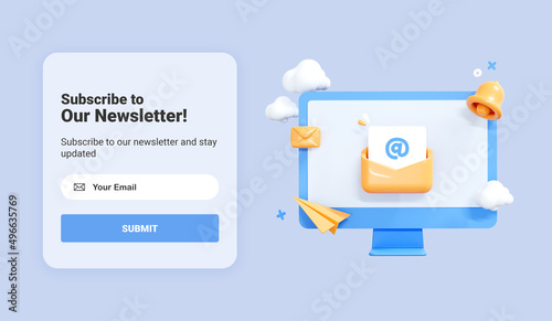 Subscribe to newsletter banner template. Computer monitor with letter in envelope. Subscription to news and promotions. Online email marketing and business web page. UI mockup. 3D Rendering