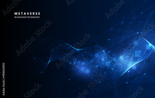 Metaverse, virtual reality, augmented reality and blockchain technology, user interface 3D experience. Word metaverse with world map globe in futuristic environment background.