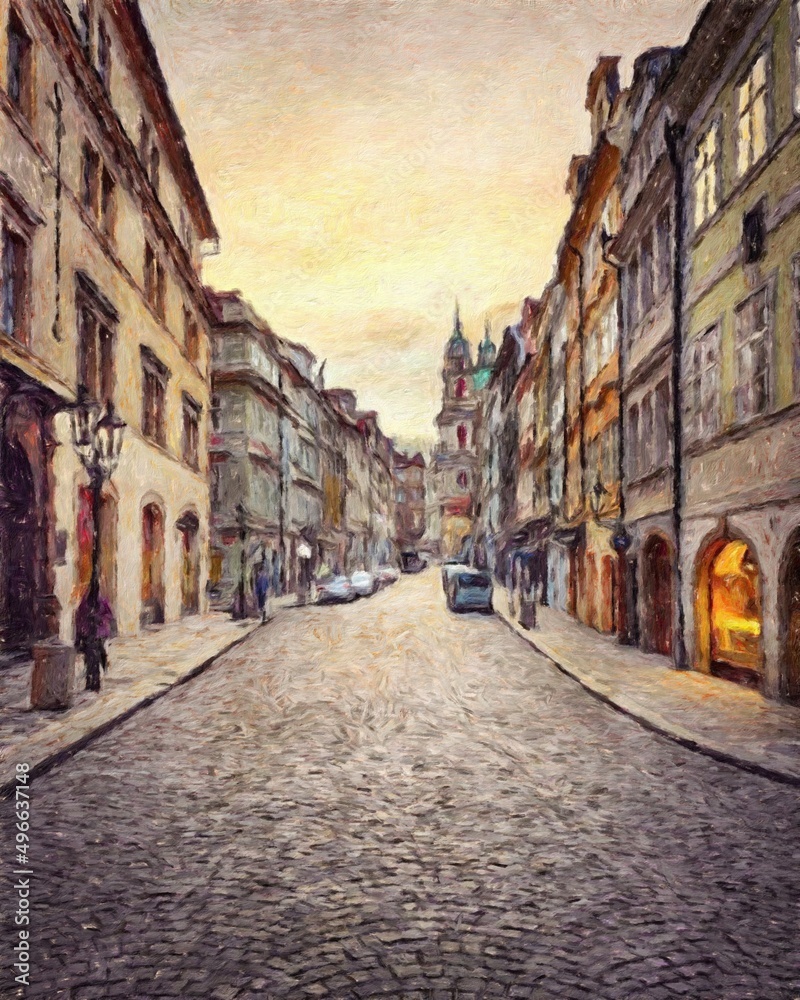 Fototapeta premium Digital painting modern artistic artwork, Prague Czechia, drawing in oil European famous old street view, beautiful old vintage houses, design print for canvas or paper poster, touristic production