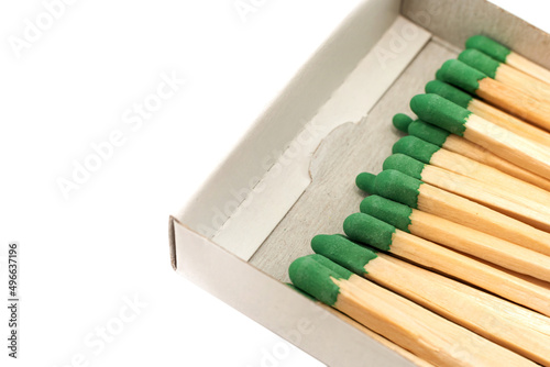 Green matches on a white background. Isolate of matches for lighting a fire in a box