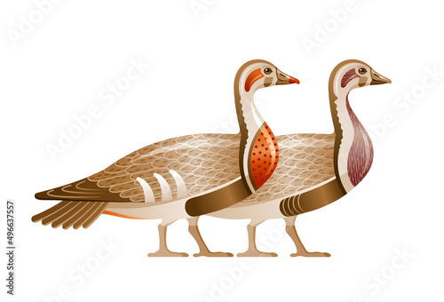 Egyptian bird vector. Geese from Egypt. Pharaoh goose art. Wild duck illustration. Cartoon god Geb mythology symbol. Ancient vintage animal. Old symbol icon. Mallard wildfowl vector art. Meidum geese