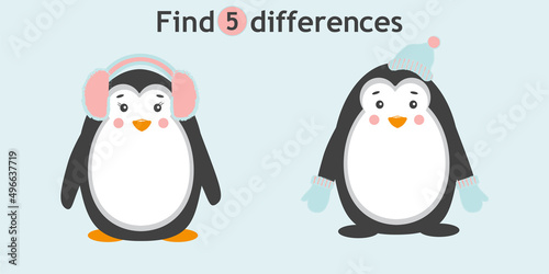 children's puzzle for kids find 5 differences in penguins vector drawing on a white background