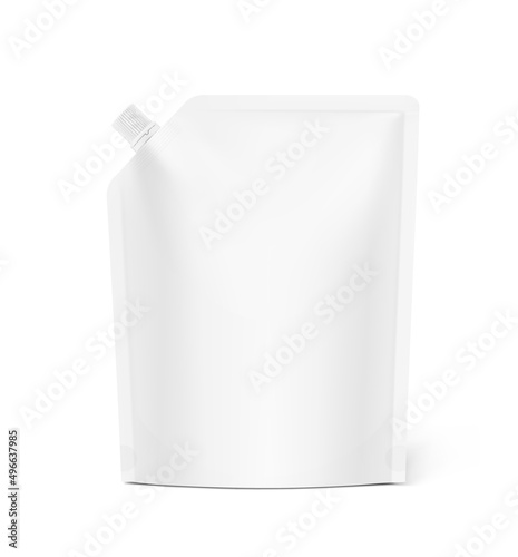 Pouch bag with spout cap mockup. Vector illustration isolated on white background. Front view. Perfect to make final pack shot your product. EPS10.	