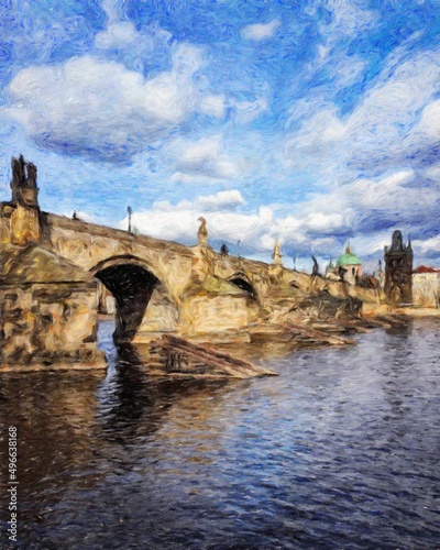 Digital painting modern artistic artwork, Prague Czechia, drawing in oil European famous old street view, beautiful old vintage houses, design print for canvas or paper poster, touristic production