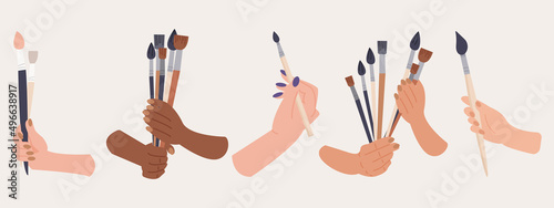 Set of illustrations of woman’s hands holding art supplies. Hand drawn style. Concept of art shop, handmade workshop, tutorial or art school. Hand, palm, nails, wrist, fingers. Vector illustration