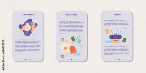 Collection of banners for mobile app or web with embroidery and sewing tools and objects. Vector illustration for web design. Concept of handmade workshop and school.