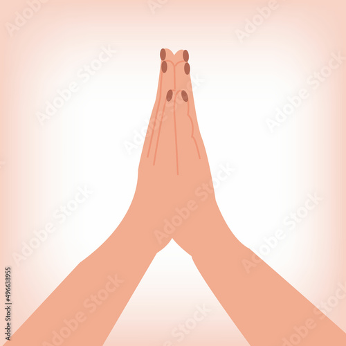 Religion praying hands folded in praying gesture. Concept of praying for peace and no war. Stop war. Vector illustration