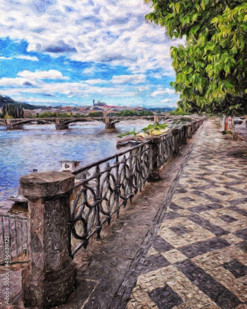 Fototapeta premium Digital painting modern artistic artwork, Prague Czechia, drawing in oil European famous old street view, beautiful old vintage houses, design print for canvas or paper poster, touristic production