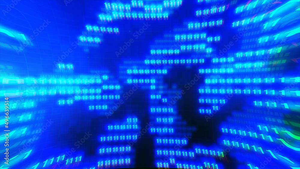 3D illustration. Color bytes of binary code flying through 3D illustration. Color bytes of binary code flying through