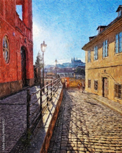 Digital painting modern artistic artwork  Prague Czechia  drawing in oil European famous old street view  beautiful old vintage houses  design print for canvas or paper poster  touristic production