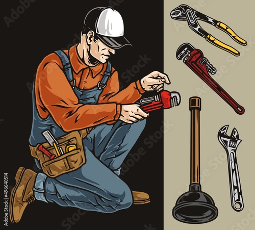 Plumber and hand tools colorful elements