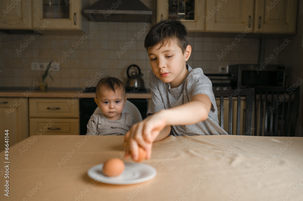 Fototapeta premium two brothers are sitting in the kitchen and eating an egg