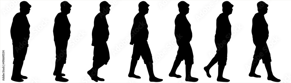 Walking. Woman in a cap and shorts. Women walk one after another. Woman 80 years old. Human poses are suitable for motion animation. Seven black female silhouettes are isolated on a white background.	