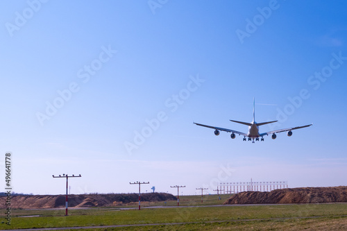Landing Airbus A380 plane at Düsseldorf Airport in Germany