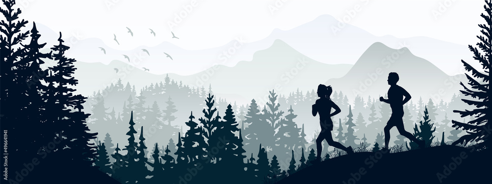 Silhouette of boy and girl jogging. Forest, meadow, mountains. Horizontal landscape banner. Illustration. Silhouette of boy and girl jogging. Forest, meadow, mountains. Horizontal landscape banner. Illustration.