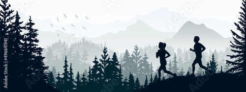 Silhouette of boy and girl jogging. Forest, meadow, mountains. Horizontal landscape banner. Illustration. 