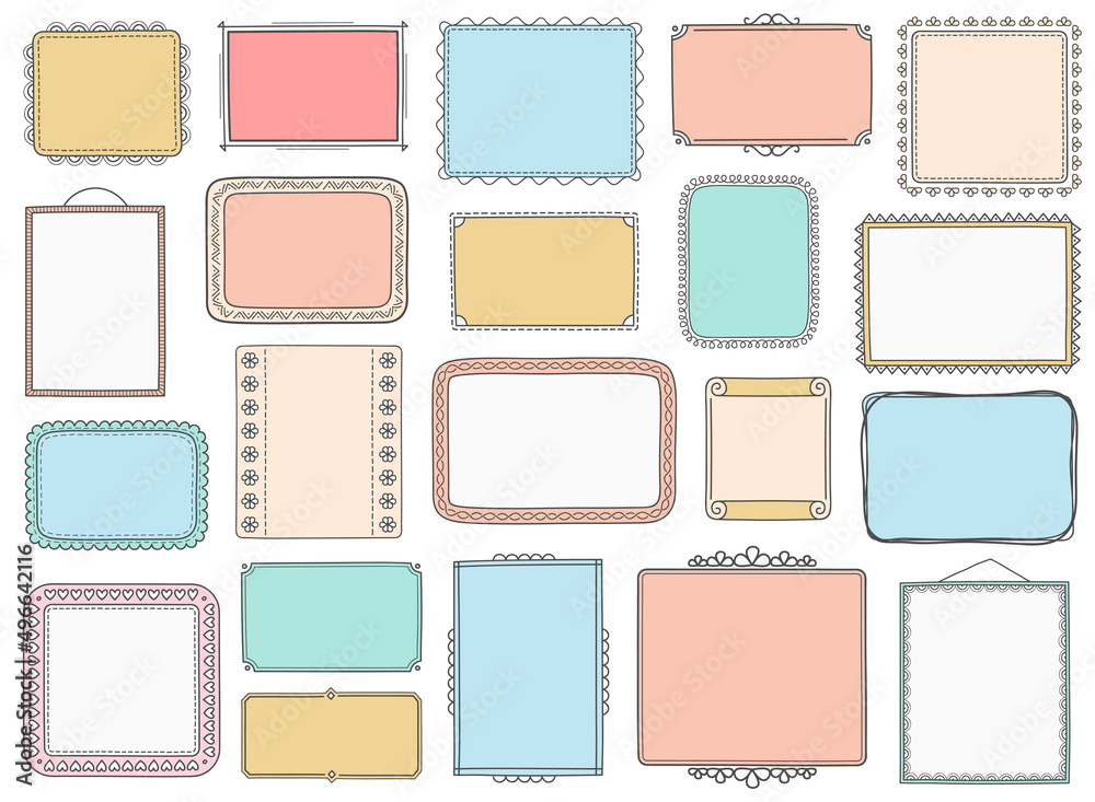Set of colored hand drawn doodle frames, horizontal, vertical and square frames