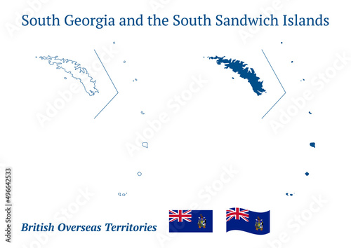 South Georgia and the South Sandwich Islands map. British overseas territory in the southern Atlantic Ocean. Detailed blue outline and silhouette. Country flag. Set of vector maps.