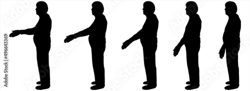 An elderly woman raises or lowers her hands. Side view. Women stand one behind the other in one line. A series of human positions to animate hand movements. Black silhouettes are isolated on a white.	