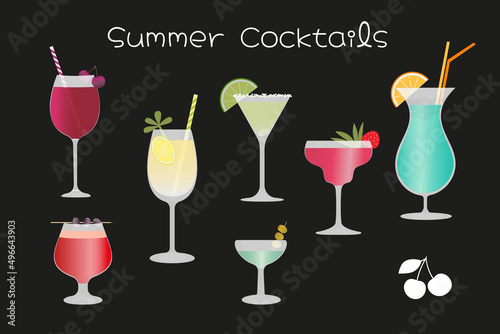 summer cocktails with soft and alcohol drinks, vector set on black background