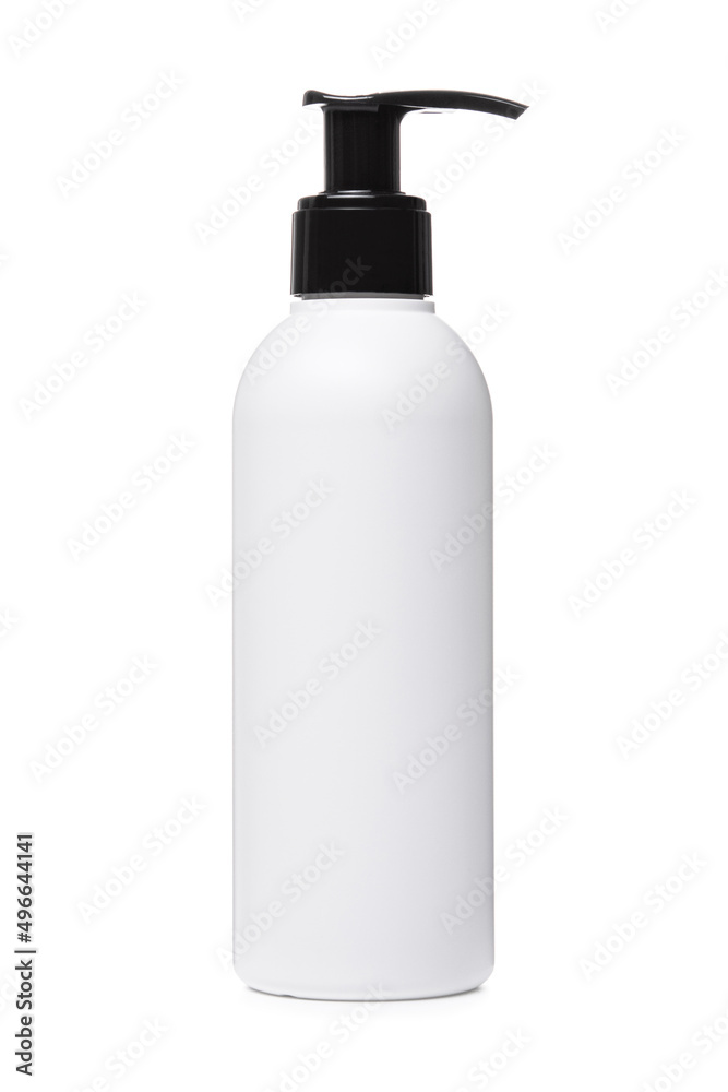 White bottle of liquid soap with black lid White bottle of liquid soap with black lid