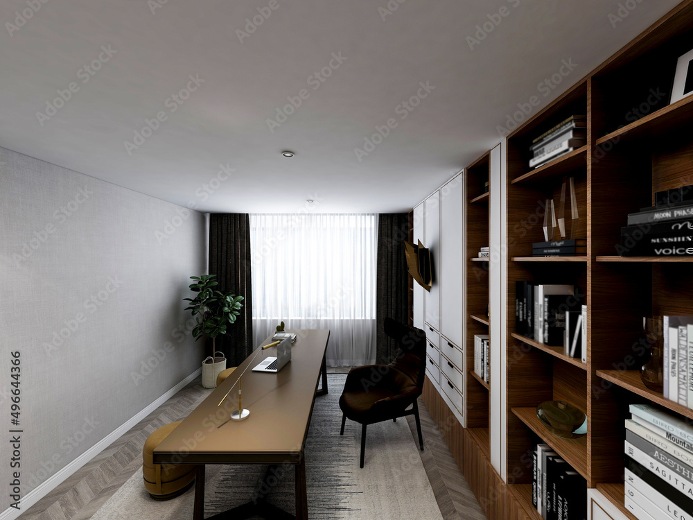 3D rendering, spacious modern residential study design, with laptop, desk, bookshelf and piano
