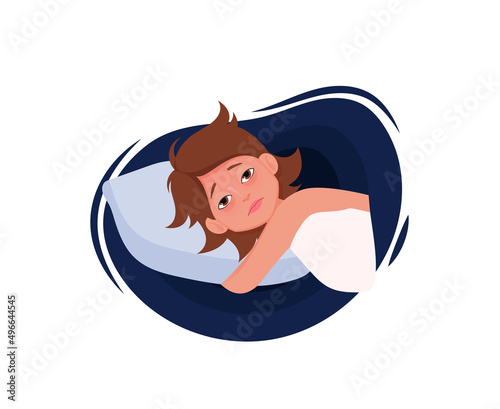 Sleepy woman lying on a bed suffers from insomnia. Insomnia problem. Vector illustration in flat style.