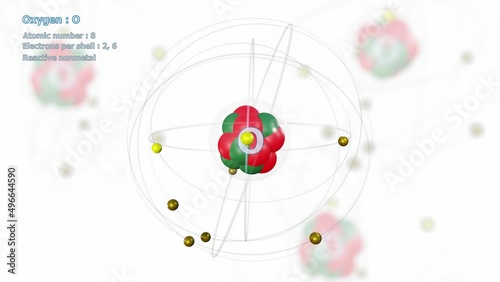 Atom of Oxygen with 8 Electrons in infinite orbital rotation on white with atoms photo