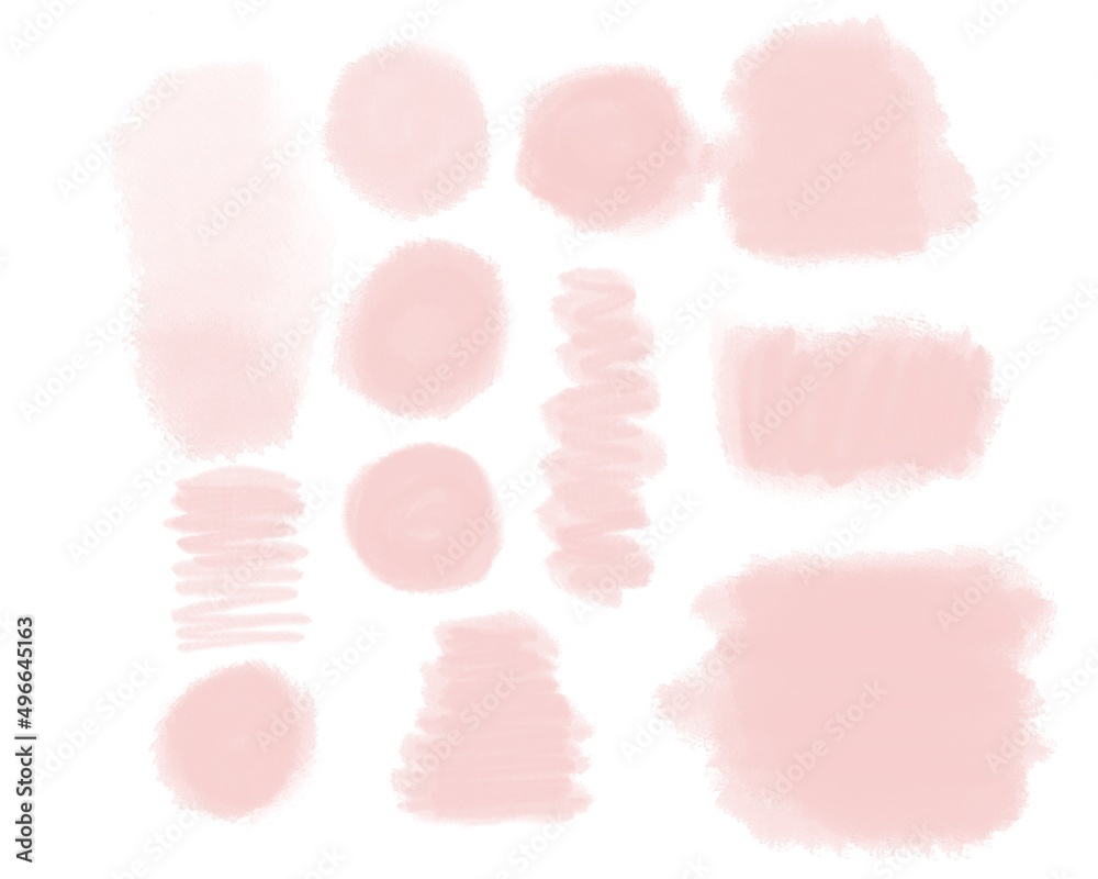 Set of hand painted peach pink watercolor brush textures for your design. Soft brush strokes isolated on white background.