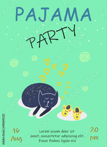 Pajama party invitation sleeping cat next to house slippers.