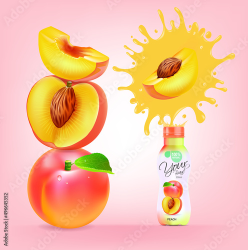 Peach bottle design with peach juice splashes.illustration vector