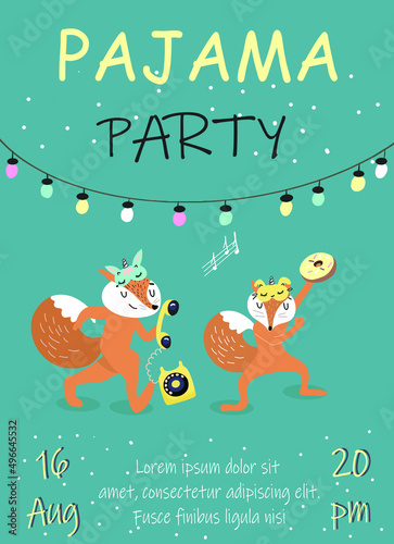 Pajama party invitation, Birthday, two foxes, donut, landline phone, sleep masks, sheet music.