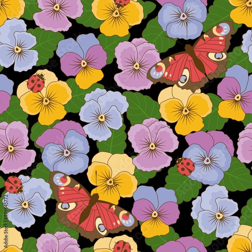 Colorful pattern with pansies and peacock butterflies. Vector illustration.