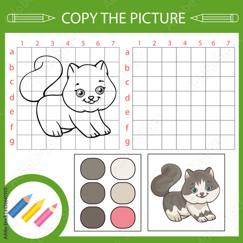 Kids game copy draw of cute cat.  Drawing lesson. Children education riddle. Worksheet and activity page.