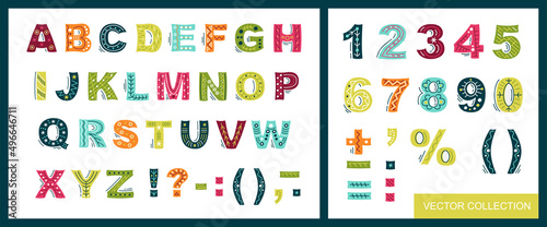 Alphabet and numbers for children - set, collection. Vector hand-drawn alphabet and numbers. Alphabet for children. Set of letters and numbers for your design