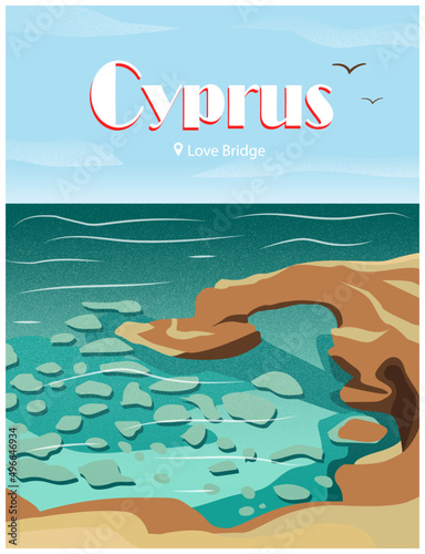 Illustration of the island of Cyprus. Mediterranean Sea and the city of Ayia Napa. Sights bridge of lovers. Tourism and rest