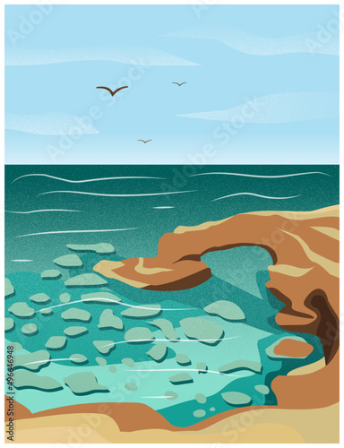 Illustration of the island of Cyprus. Mediterranean Sea and the city of Ayia Napa. Sights bridge of lovers. Tourism and rest