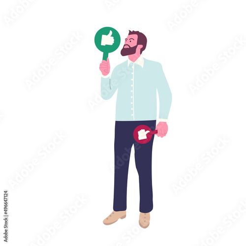 Man give review rating and feedback. Holding in hands like rating Icons. Customer choice. Hand drawn colored vector flat illustration