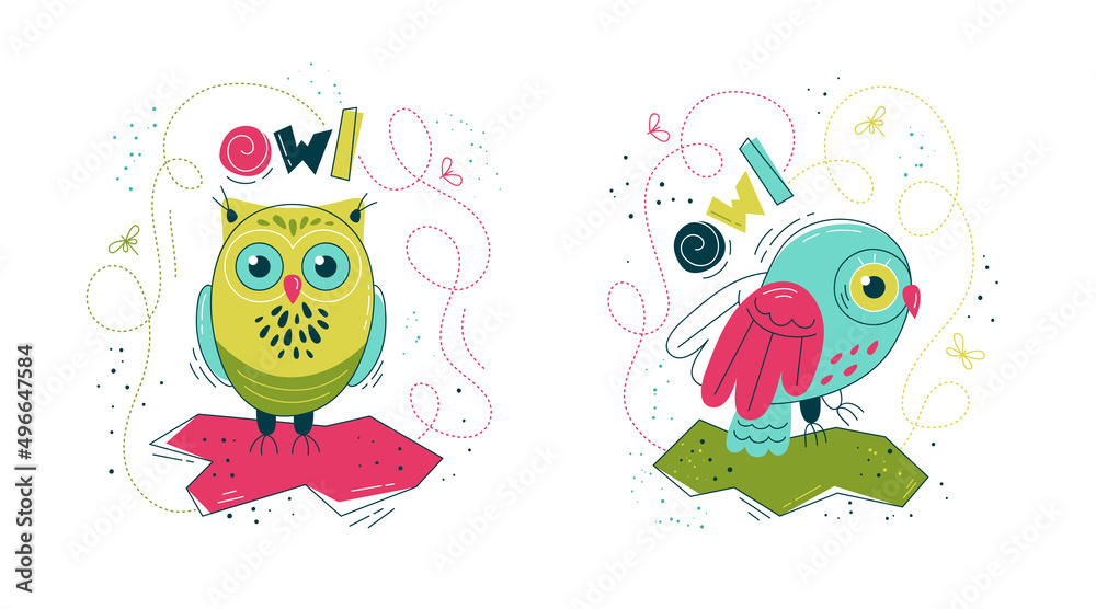Obraz premium Cute owl in flat style - set of prints. Vector illustration in Scandinavian style. Concept for children, baby print. 