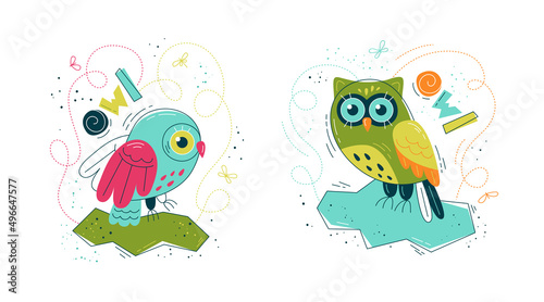 Cute owl in flat style - set of prints. Vector illustration in Scandinavian style. Concept for children  baby print. 