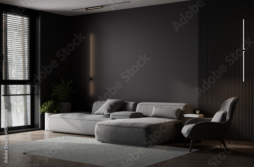 Fotografie Luxury dark living room interior background, black empty wall mock up, living ro