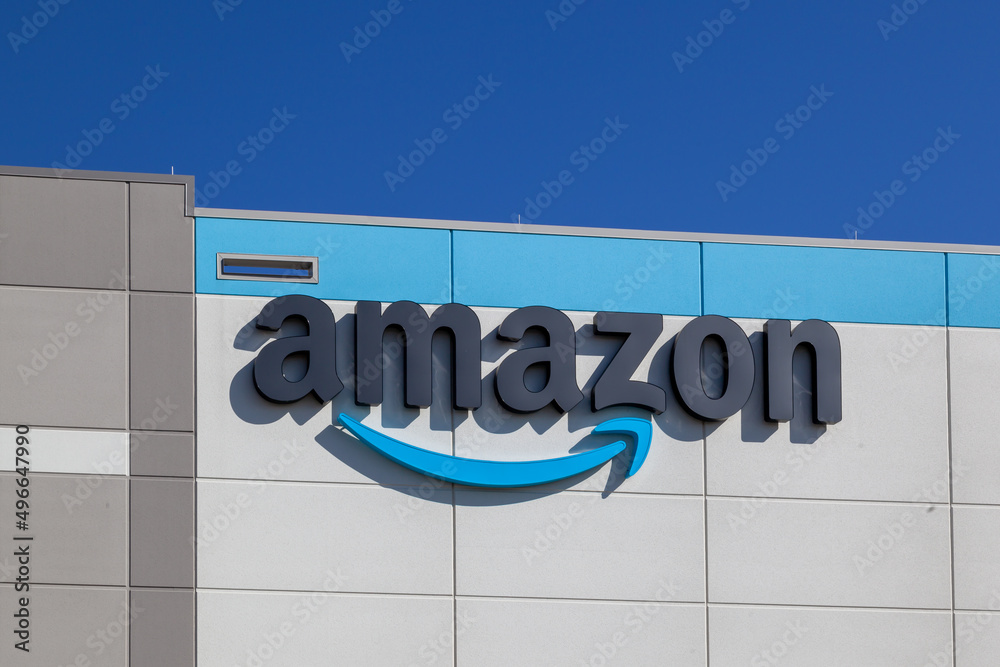 Channahon, Illinois, USA March 27, 2022 Closeup of Amazon logo sign