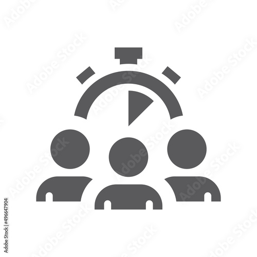 Group of people, coworkers and clock icon. Deadline, teamwork black filled vector symbol.