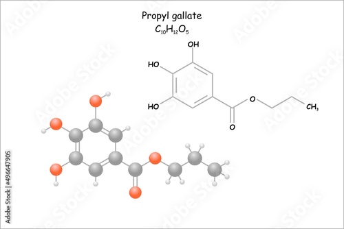 Stylized molecule model/structural formula of propyl gallate. Use as food additive.