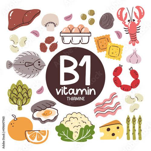 Food products with high levels of Vitamin B1 (Thiamine). Cooking ingredients. Fruits, vegetables, legumes, dairy, seafood, meat products.