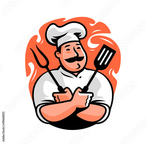 Chef with fork and spatula for barbecue logo. Grill food emblem. Cartoon character vector illustration